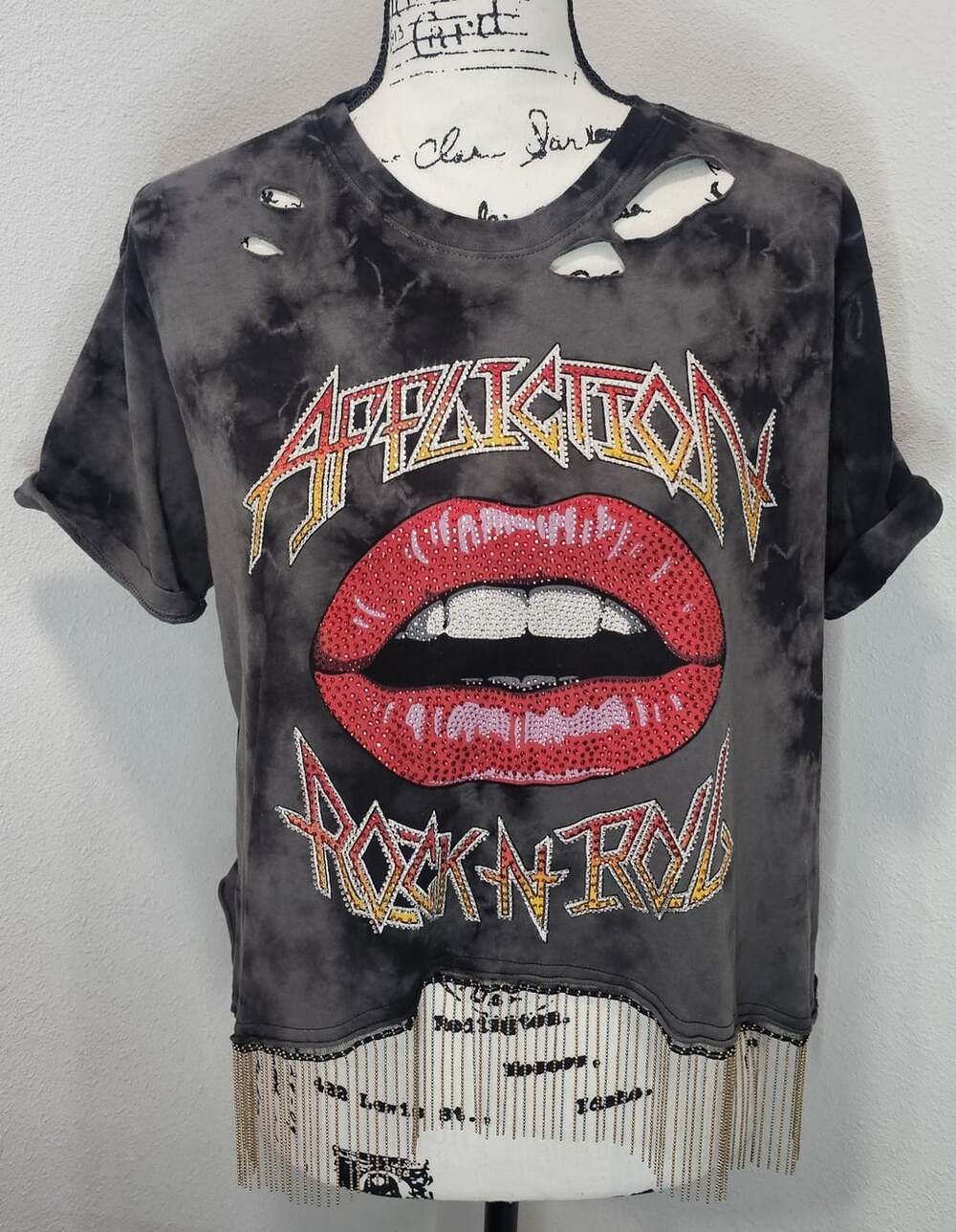 Affliction Lips Tee Charcoal Black Crystal Wash Rock N Roll Embellished Size M